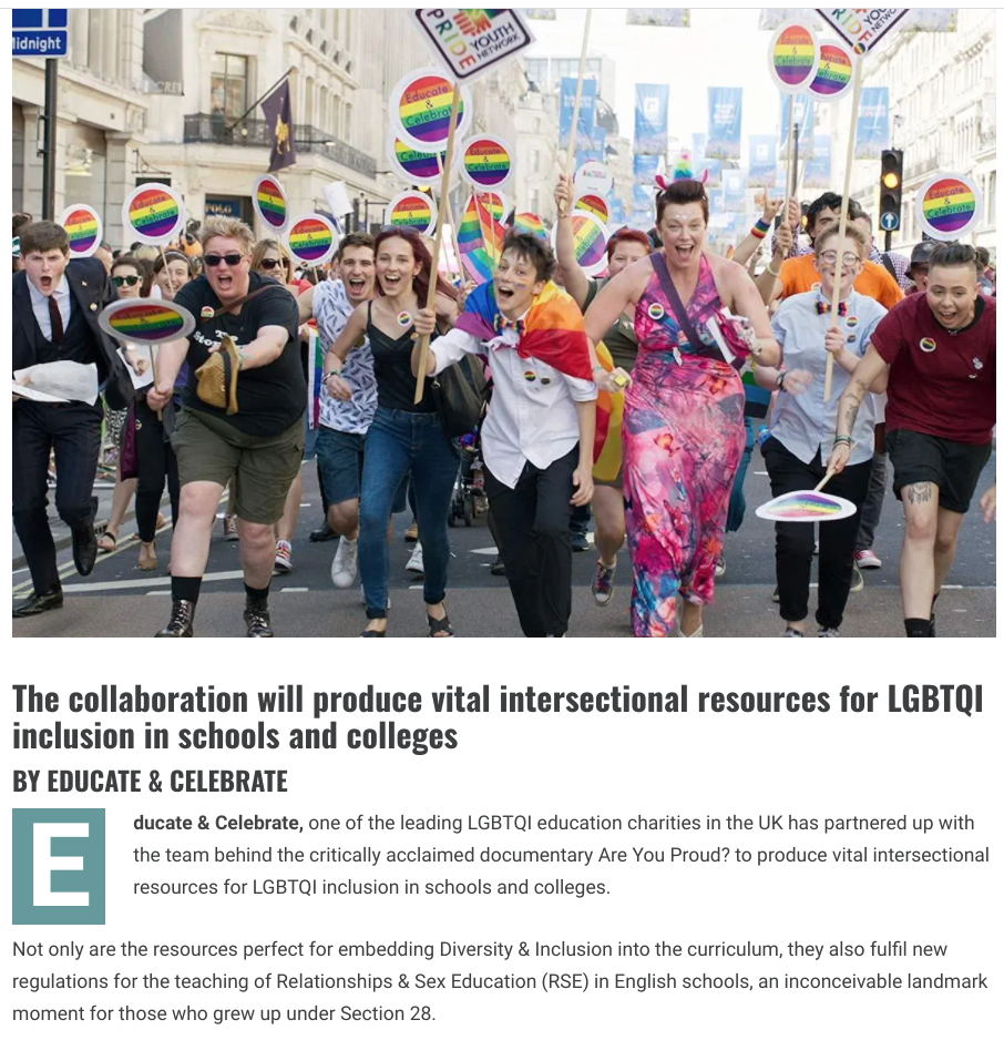 Article from Diva Magazine about Educate & Celebrate LGBT + resources for schools