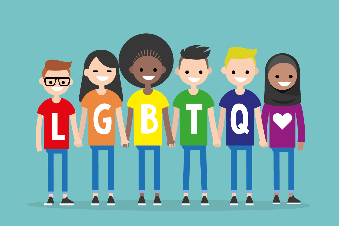 A group of studetns wearing t shirts that spell out LGBTQ and a love heart