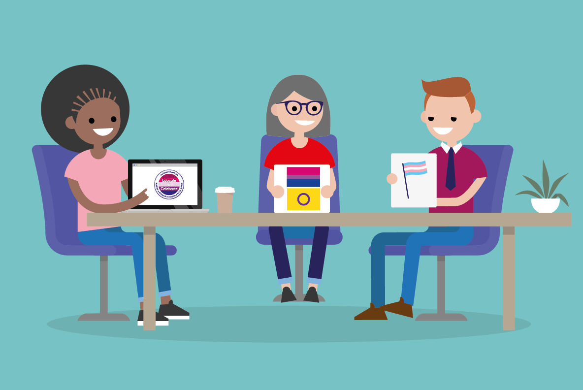 3 teachers sitting at a desk having a staff meeting