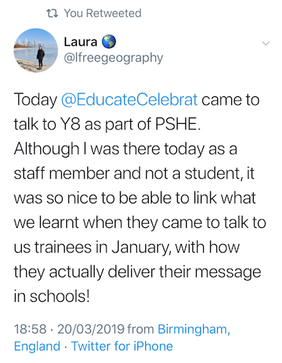 Copy of a tweet from Laura a school teacher